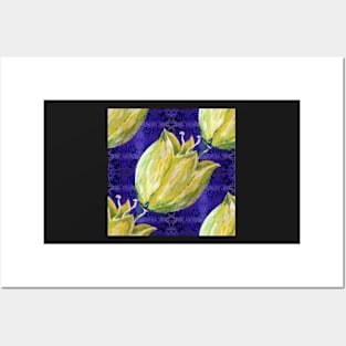 yellow tulip on purple with swirls and dots pattern Posters and Art